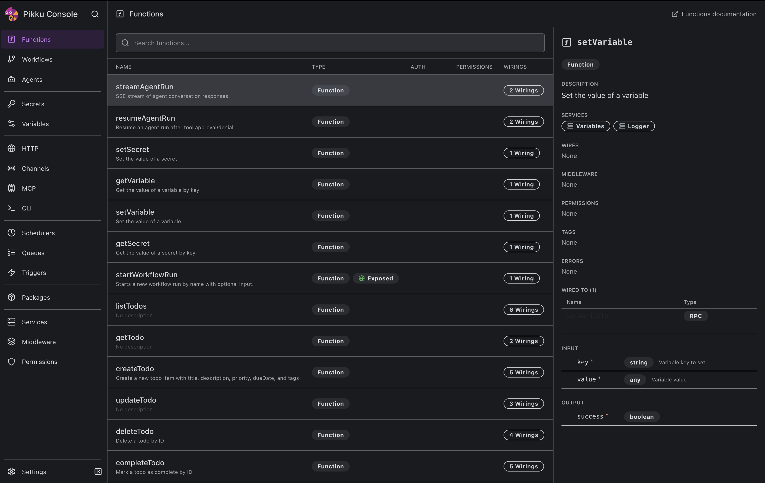 Pikku Console — browse and inspect all functions, wirings, and services